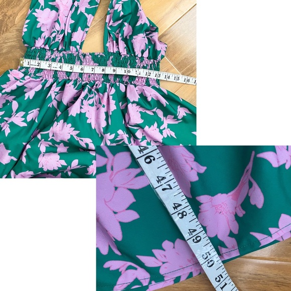 Floral Halter Maxi Dress Green Pink Tiered Vacay Cruise Ruffle Shirred Resort XL - Picture 10 of 10
